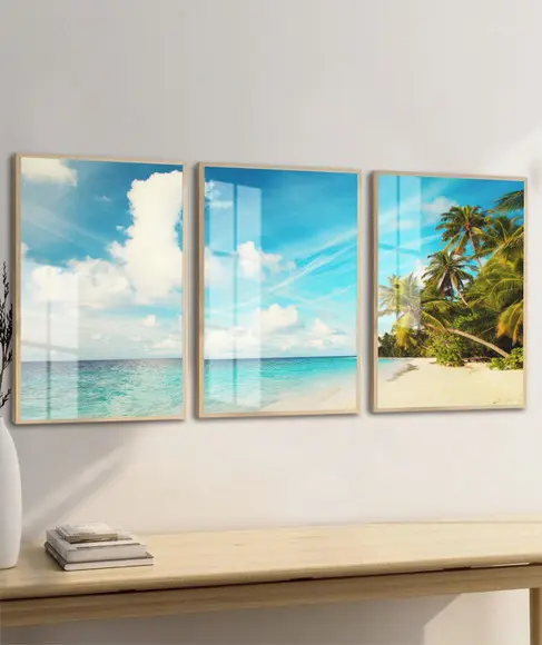 Quadro Decorativo Paisagem Azul Praia Mar Coqueiro com Vidro