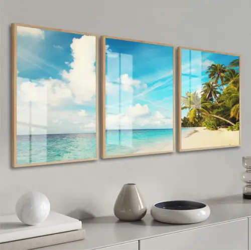Quadro Decorativo Paisagem Azul Praia Mar Coqueiro com Vidro