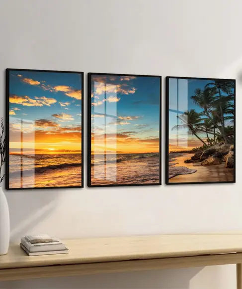 Quadro Decorativo Paisagem Por do Sol Mar Coqueiro com Vidro