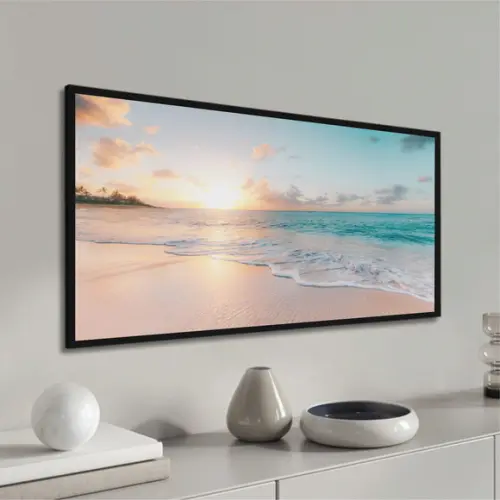 Quadro Decorativo Paisagem Pôr do Sol Praia Mar com Moldura