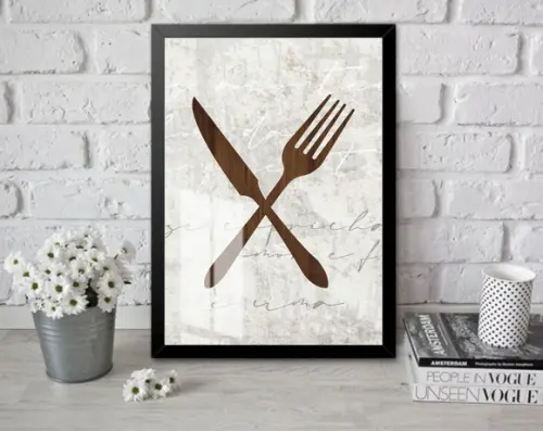 Quadro Decorativo Para Cozinha Talheres Com Moldura e Vidro