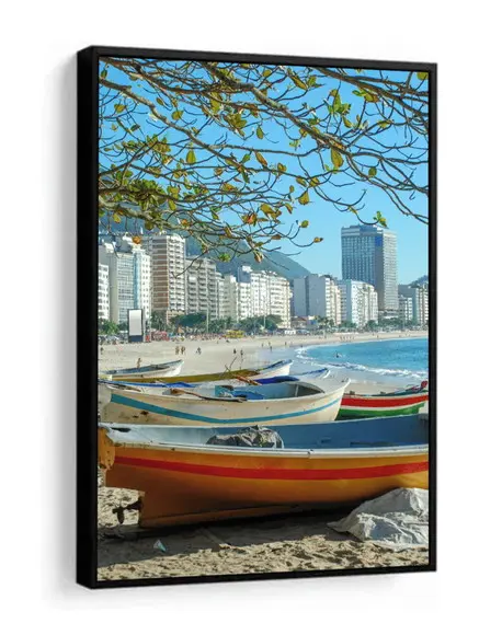 Quadro Decorativo Praia Barcos Paisagem Cidade Com Moldura