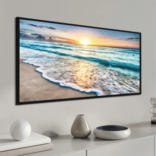 Quadro Decorativo Praia Pôr do Sol Mar Azul Moderno Moldura