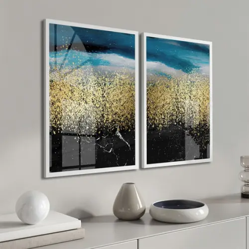Quadros Decorativos Abstrato Azul Dourado com Moldura Vidro