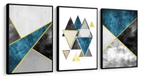 Quadros Decorativos Abstrato Azul Dourado Gold Sala Moldura