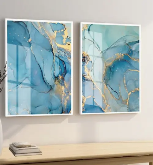 Quadros Decorativos Abstrato Azul Dourado Luxo Moldura Vidro