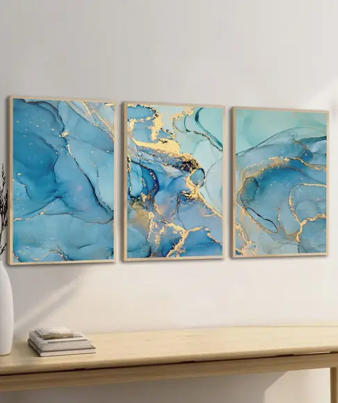 Quadros Decorativos Abstrato Azul e Dourado Moderno Moldura