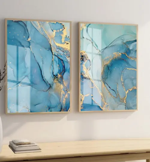 Quadros Decorativos Abstrato Azul Dourado Luxo Moldura Vidro