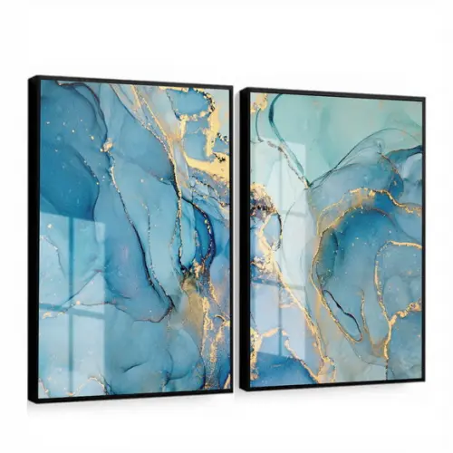 Quadros Decorativos Abstrato Azul Gold Luxo Moldura e Vidro