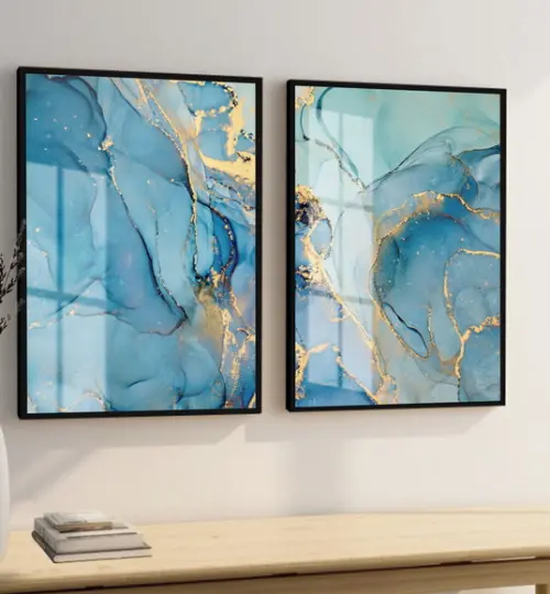 Quadros Decorativos Abstrato Azul Gold Luxo Moldura e Vidro