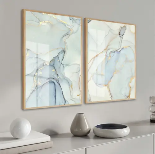 Quadros Decorativos Abstrato Azul Luxo Dourado Moldura Vidro