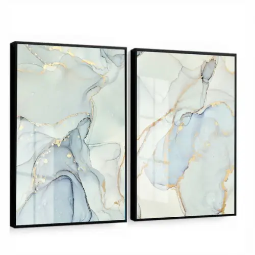 Quadros Decorativos Abstrato Azul Luxo Dourado Moldura Vidro