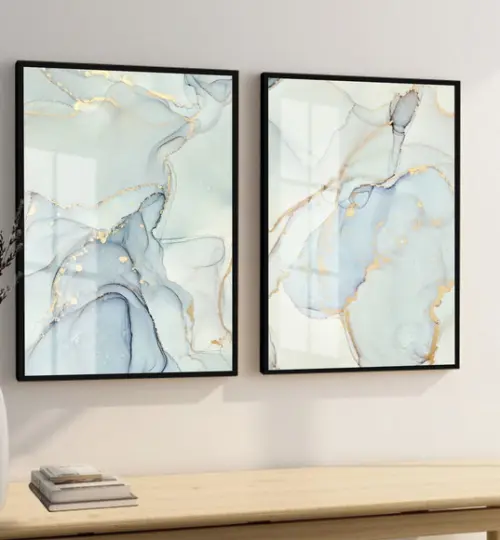 Quadros Decorativos Abstrato Azul Luxo Dourado Moldura Vidro