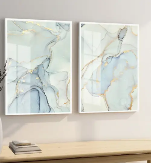 Quadros Decorativos Abstrato Azul Luxo Dourado Moldura Vidro