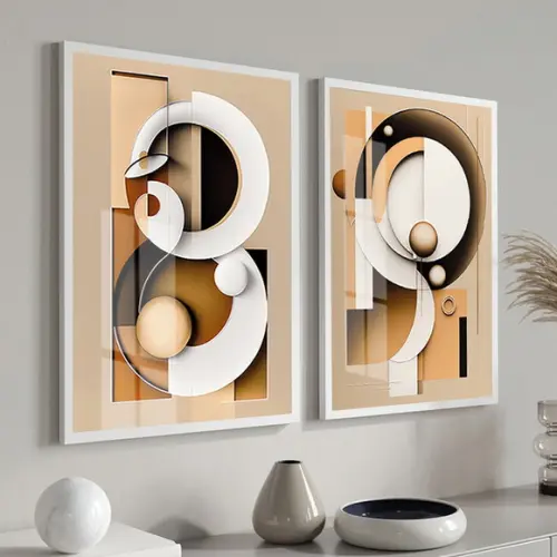 Quadros Decorativos Abstrato Bege Geométrico Moldura e Vidro