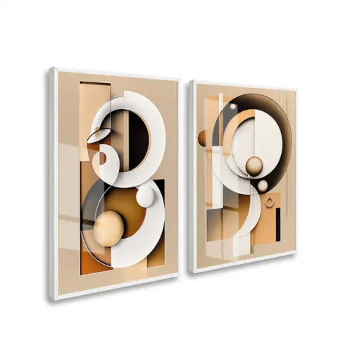 Quadros Decorativos Abstrato Bege Geométrico Moldura e Vidro