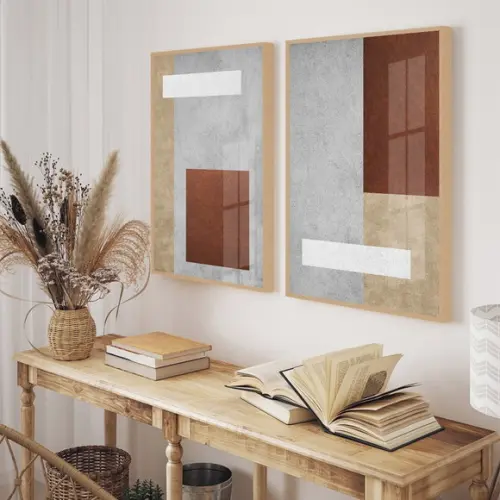 Quadros Decorativos Abstrato Bege Marrom Geométrico Vidro