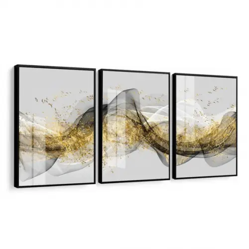 Quadros Decorativos Abstrato Dourado Cinza Moldura e Vidro