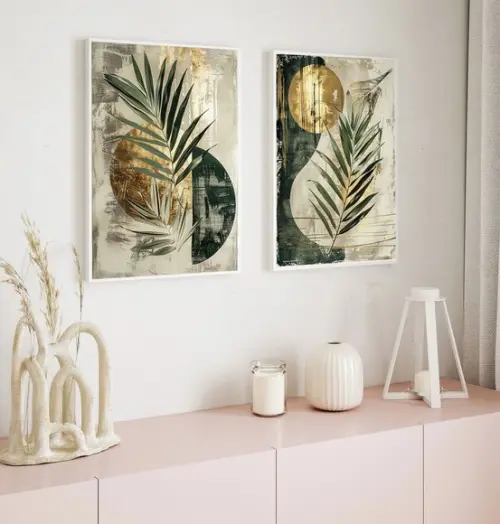 Quadros Decorativos Abstrato Dourado Folhagem Verde Moldura