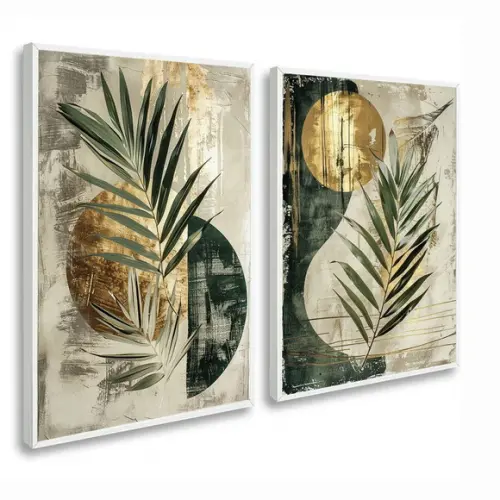 Quadros Decorativos Abstrato Dourado Folhagem Verde Moldura