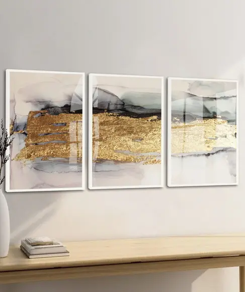 Quadros Decorativos Abstrato Dourado Mármore Moldura e Vidro