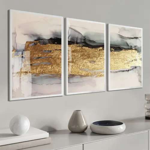 Quadros Decorativos Abstrato Dourado Mármore Moldura e Vidro