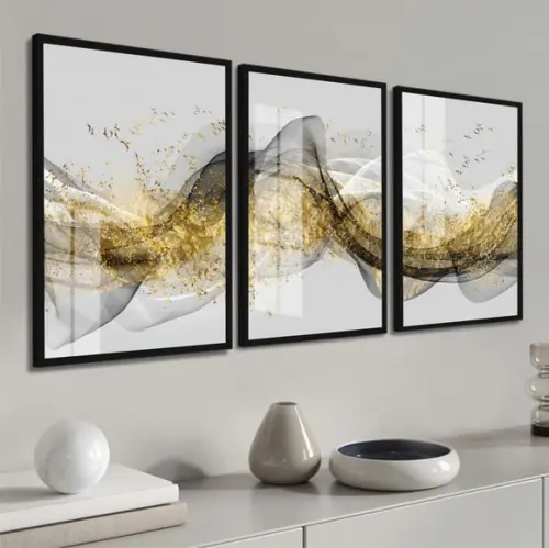 Quadros Decorativos Abstrato Dourado Moderno Moldura e Vidro
