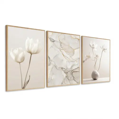 Quadros Decorativos Abstrato Flores Bege Moderno com Moldura