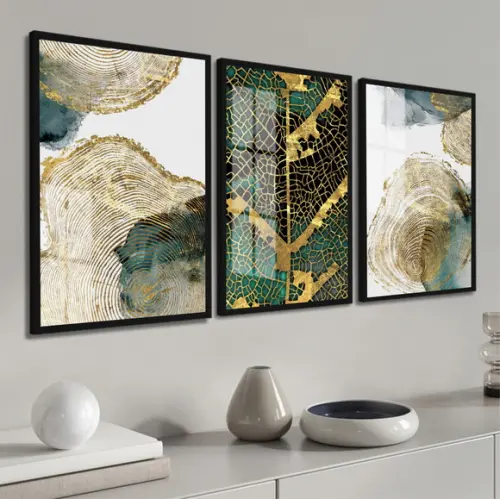 Quadros Decorativos Abstrato Folha Dourada Moldura e Vidro