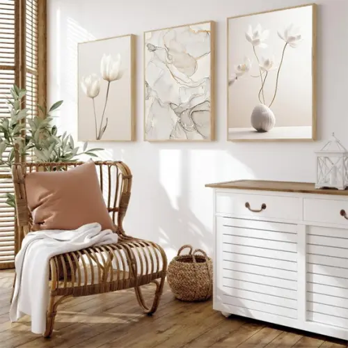 Quadros Decorativos Abstrato Flores Bege Moderno com Moldura