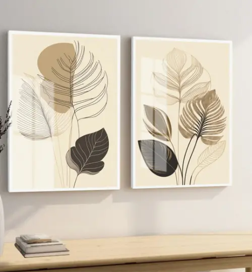 Quadros Decorativos Abstrato Folhagem Bege com Moldura Vidro