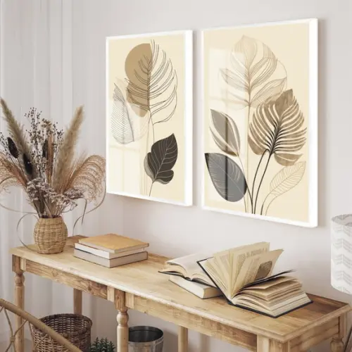 Quadros Decorativos Abstrato Folhagem Bege com Moldura Vidro