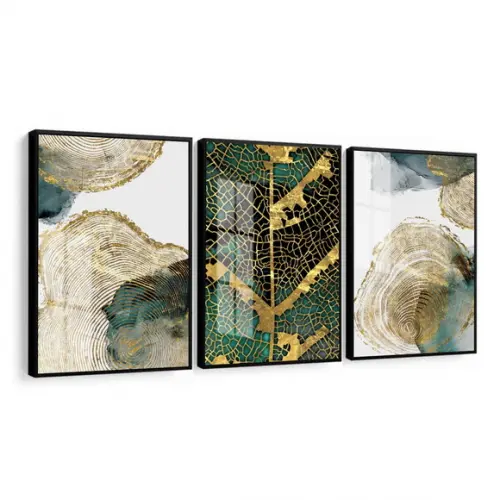 Quadros Decorativos Abstrato Folha Dourada Moldura e Vidro