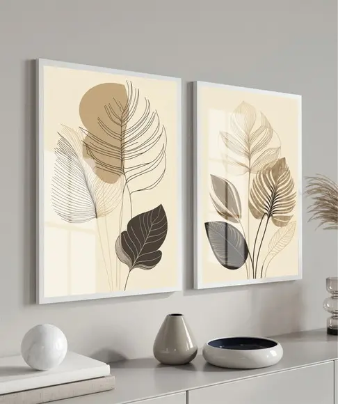 Quadros Decorativos Abstrato Folhagem Bege com Moldura Vidro