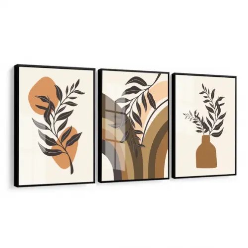Quadros Decorativos Abstrato Folhagem Boho com Moldura Vidro