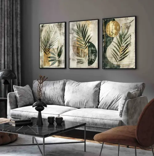Quadros Decorativos Abstrato Folhagem Verde Moldura e Vidro