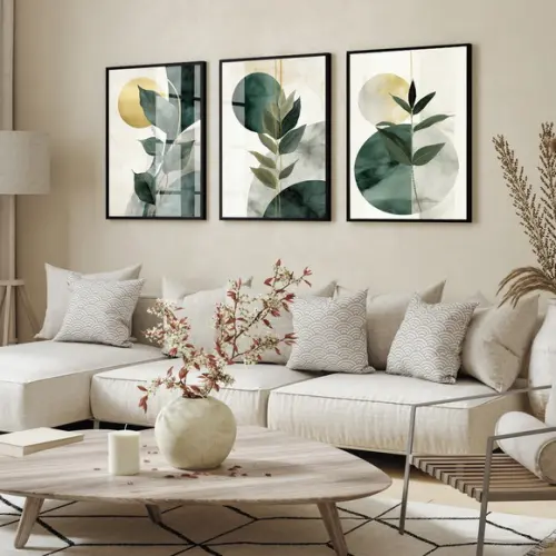 Quadros Decorativos Abstrato Folhagem Verde Moldura e Vidro