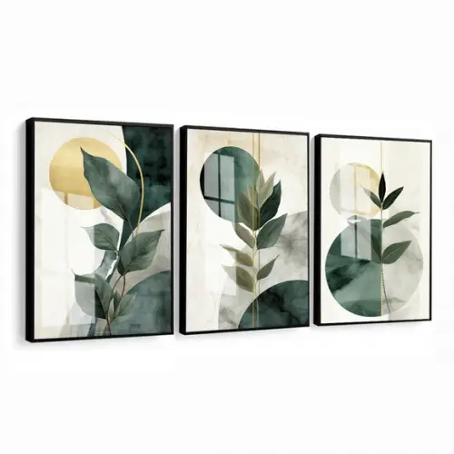 Quadros Decorativos Abstrato Folhagem Verde Moldura e Vidro