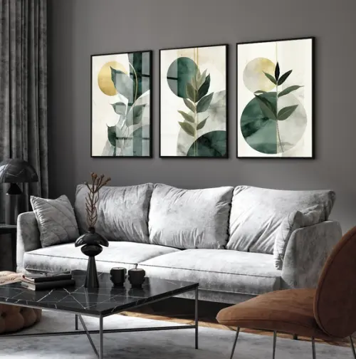 Quadros Decorativos Abstrato Folhagem Verde Moldura e Vidro