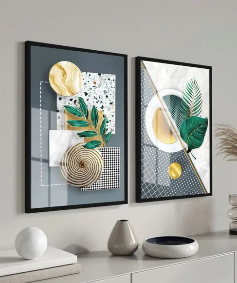 Quadros Decorativos Abstrato Folhagem Verde Moldura E Vidro
