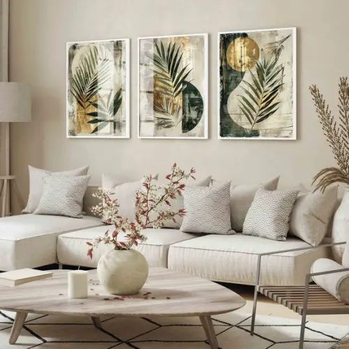 Quadros Decorativos Abstrato Folhas Verdes Moldura e Vidro