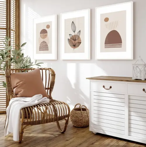 Quadros Decorativos Abstrato Geométrico Bege Vidro e Moldura