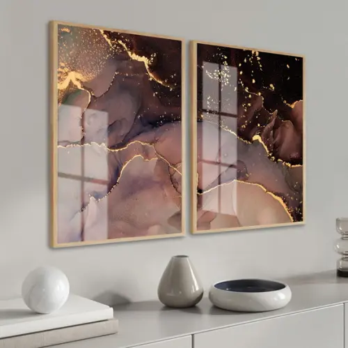 Quadros Decorativos Abstrato Gold Moderno com Moldura Vidro