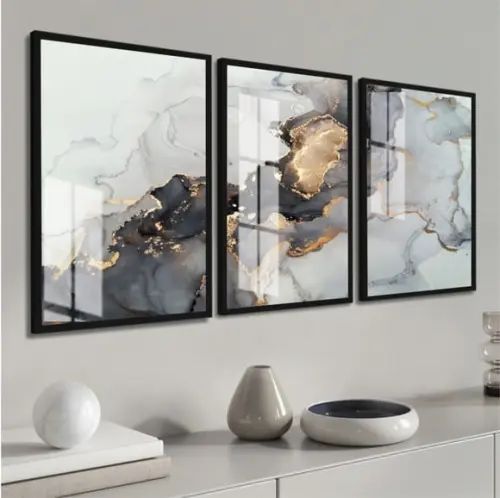 Quadros Decorativos Abstrato Mármore Dourado Moldura e Vidro