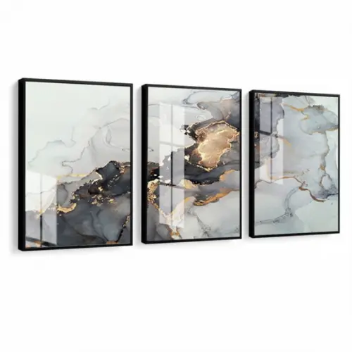 Quadros Decorativos Abstrato Mármore Dourado Moldura e Vidro