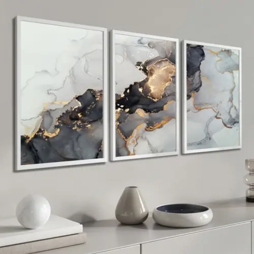 Quadros Decorativos Abstrato Mármore Preto Gold Com Moldura