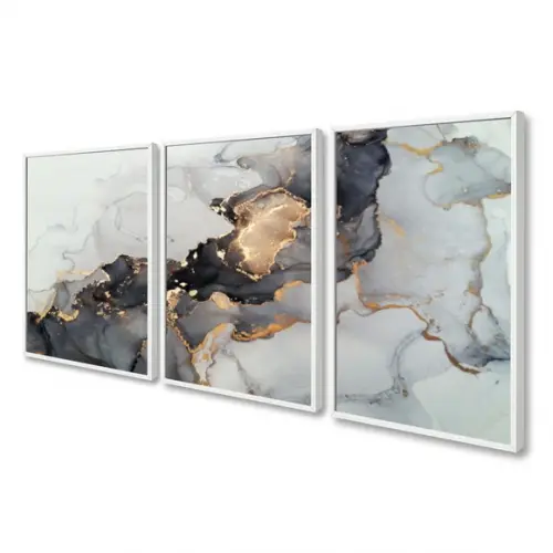 Quadros Decorativos Abstrato Mármore Preto Gold Com Moldura
