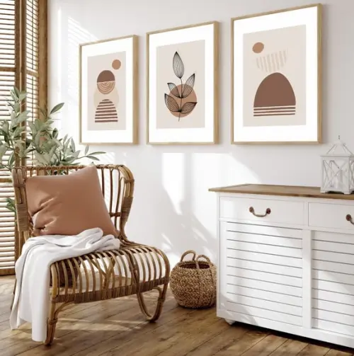Quadros Decorativos Abstrato Moderno Bege Folhas com Moldura