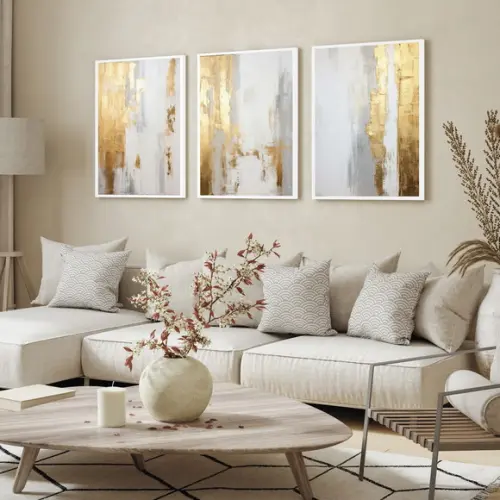 Quadros Decorativos Abstrato Moderno Dourado Branco Moldura