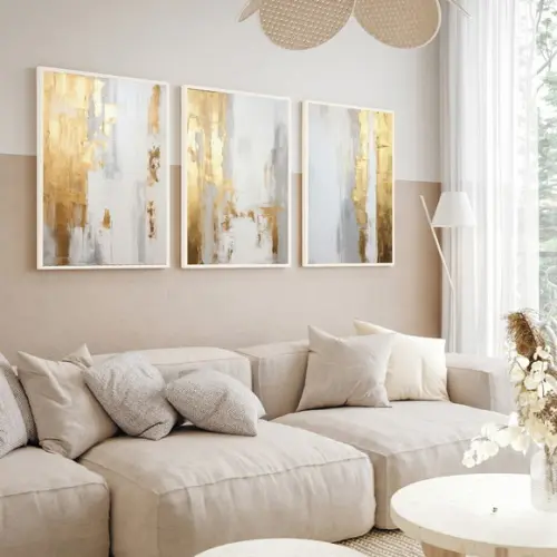 Quadros Decorativos Abstrato Moderno Dourado Branco Moldura